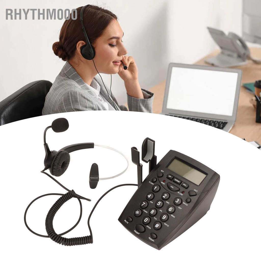 Rhythm000 ชุดหูฟังแบบมีสายโทรศัพท์ตัดเสียงรบกวน FSK DTMF Caller ID Dialpad Landline พร้อมหูฟังสำหรับ Call Center Office