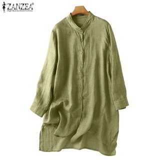 ZANZEA Women Casual Loose Solid Color Long Sleeve O Neck Button Up Formal Tops