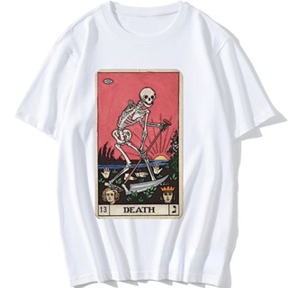 เสื้อยืด พิมพ์ลายโครงกระดูก Death Tarot Major Arcana สไตล์เรโทร ฮาโลวีน สําหรับผู้ชายS-5XL