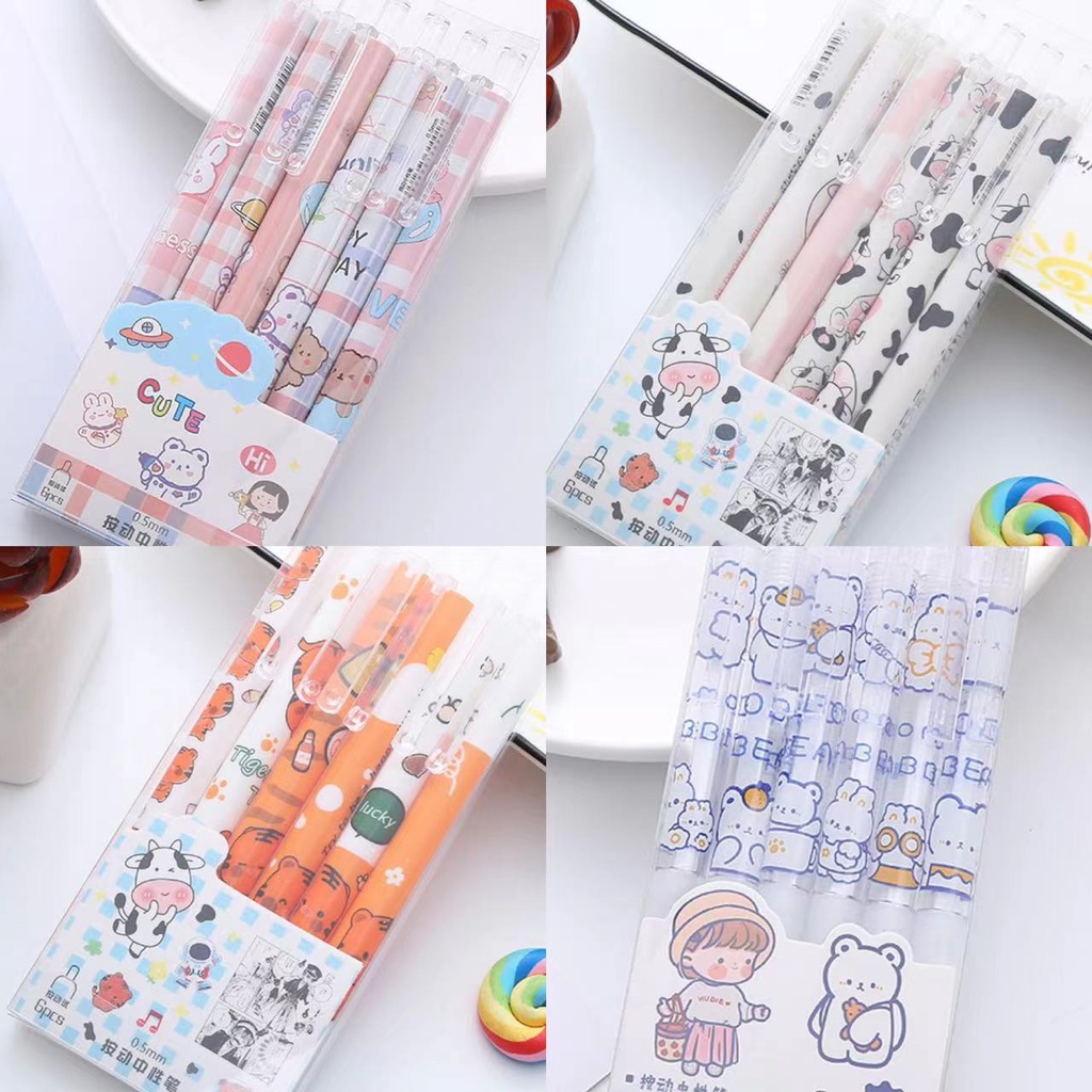 ปากกาเจลกด ลายการ์ตูน ลายน่ารัก หมึกดำ 0.5mm แพค6แท่ง ปากกาสำหรับนักเรียน เครื่องเขียน ส่งไวจากไทย