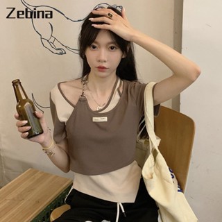 Zebina ใหม่ของผู้หญิงปลอมสองชิ้นเสื้อยืดแขนสั้นบางตัวอักษรพิมพ์ด้านบนแฟชั่นเกาหลีไม่สม่ำเสมอแขนสั้นด้านบน