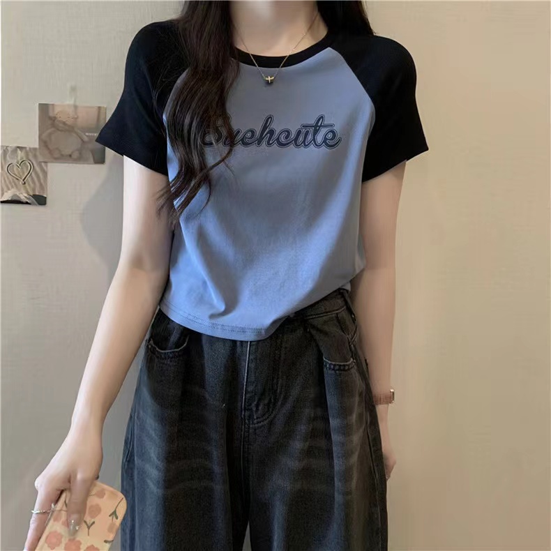 เสื้อยืดแขนสั้น พิมพ์ลายตัวอักษร ทรงหลวม สีตัดกัน แฟชั่นฤดูร้อน สําหรับผู้หญิง