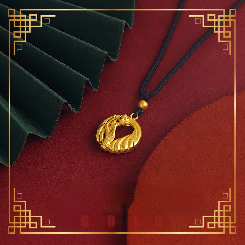 [Lucky K Gold] Au999 จี้ดอกบัวมือถือย้อนยุคดึงสร้อยคอเชือกสีดําแบบปรับได้