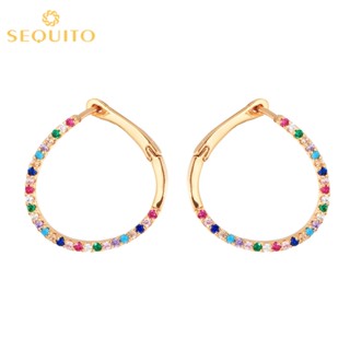 Sequito ต่างหูห่วง ชุบทอง ประดับเพทาย ทรงกลม สีรุ้ง สีเหลือง เครื่องประดับ สําหรับผู้หญิง E769