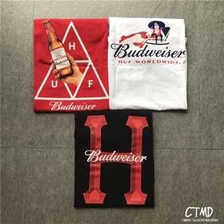 เสื้อยืดแขนสั้น ผ้าฝ้าย พิมพ์ลายเบียร์ HUF X Budweiser ทรงหลวม แฟชั่นสําหรับผู้ชาย และผู้หญิง