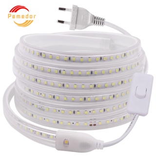 แถบไฟ LED 220V 2835 120 ดวง ยืดหยุ่น กันน้ํา สีขาวอบอุ่น พร้อมสวิตช์ไฟ เพื่อความปลอดภัยสูง สําหรับตกแต่งกลางแจ้ง รามาดอน