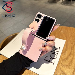 Lushuo เคสโทรศัพท์มือถือหนัง ฝาพับ ลายหัวใจน่ารัก 3D พร้อมสายคล้องข้อมือ ประดับมุก สําหรับ OPPO Find N2 findn2