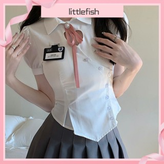 [littlefish] เสื้อเชิ้ตแขนพัฟ ประดับโบว์ สีชมพู สไตล์ญี่ปุ่น เซ็กซี่ เหมาะกับฤดูร้อน สําหรับผู้หญิง