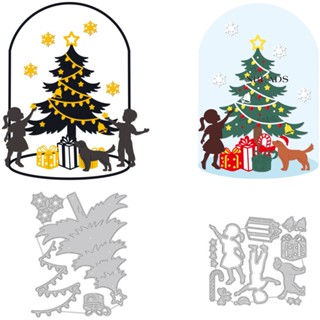 1Set Christmas Tree Set Embossing Template Mould Cute Boy Girl Carbon Steel Die Cuts Puppy Snowflake Die Cut for Scrapbooking Card DIY Craft Decoration