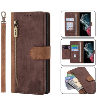 เคสโทรศัพท์หนัง ฝาพับ พร้อมช่องใส่บัตร มีซิป สําหรับ Samsung Galaxy S21 S20 FE S23 S22 Plus Note 20 Ultra RFID