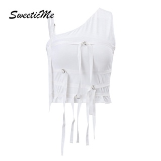 Sweeticme ใหม่ เสื้อกั๊กลําลอง แขนกุด เข้ารูป สีพื้น ฉลุลาย แฟชั่นสําหรับสตรี 2023