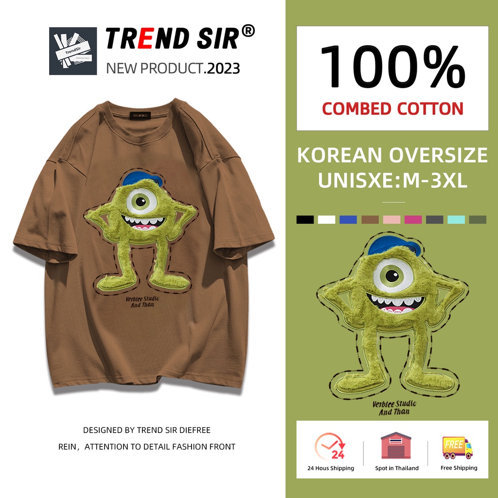 TrendSir พร้อมส่ง เสื้อยืดคอกลม ผ้าฝ้าย ทรงหลวม ขนาดใหญ่ 100 องศา สไตล์เกาหลี น่ารัก มี 8 สี ไซซ์ M-3Xl