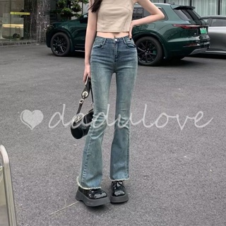 DaDulove💕 New Korean Version of INS Micro Flared Raw Edge Jeans Light Blue High Waist Elastic WOMENS Trousers