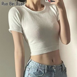 RUO BEI XUAN ฤดูร้อนใหม่แฟชั่นเกาหลีสั้นสีทึบเสื้อยืดลำลอง