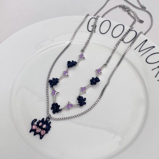 Classic Retro Double-layer Purple Patchwork Chain Necklace Female Sweet Cool Hot Girl Pink Cat Love Zircon Pendant Collarbone Chain