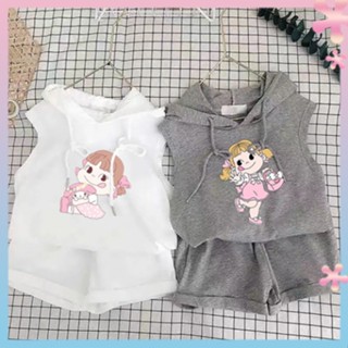 Childrens and womens vest hooded suit 2023 Summer new shorts little girl suit childrens western style two-piece suit