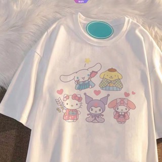 เสื้อยืดแขนสั้น ผ้าฝ้าย แบบบาง พิมพ์ลายการ์ตูนอนิเมะ Sanrio Family แฟชั่นฤดูร้อน สไตล์ญี่ปุ่น สําหรับผู้หญิง [RAIN]