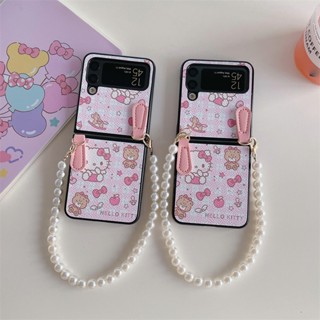 เคสโทรศัพท์มือถือหนัง PU กันกระแทก ลายการ์ตูนเฮลโลคิตตี้น่ารัก พร้อมสายคล้องมือ ประดับมุก สําหรับ Samsung Galaxy Z Flip 4 Z Flip 3 5G Z Flip 4 Zflip3 Z Flip4 Z Flip 3