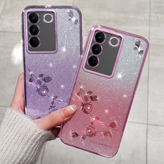 เคสซิลิโคน TPU นิ่ม แบบใส ปิดด้านหลัง ลายดอกกุหลาบ ประดับเพชรเทียม วิบวับ แฟชั่น สําหรับ Vivo V27 Pro V27E 5G