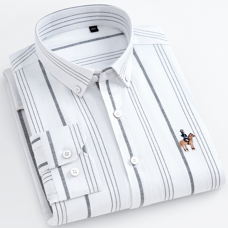 เสื้อเชิ้ตแขนยาวลําลอง ผ้าฝ้าย100% ผ้าออกซ์ฟอร์ด ปักลายทาง สีขาว สําหรับผู้ชาย