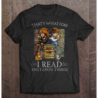 เสื้อยืดแขนสั้นเสื้อยืด พิมพ์ลาย What I Do I Read And I Know Things Hermione Granger And Belle Version2 สําหรับผู้หญิงS-