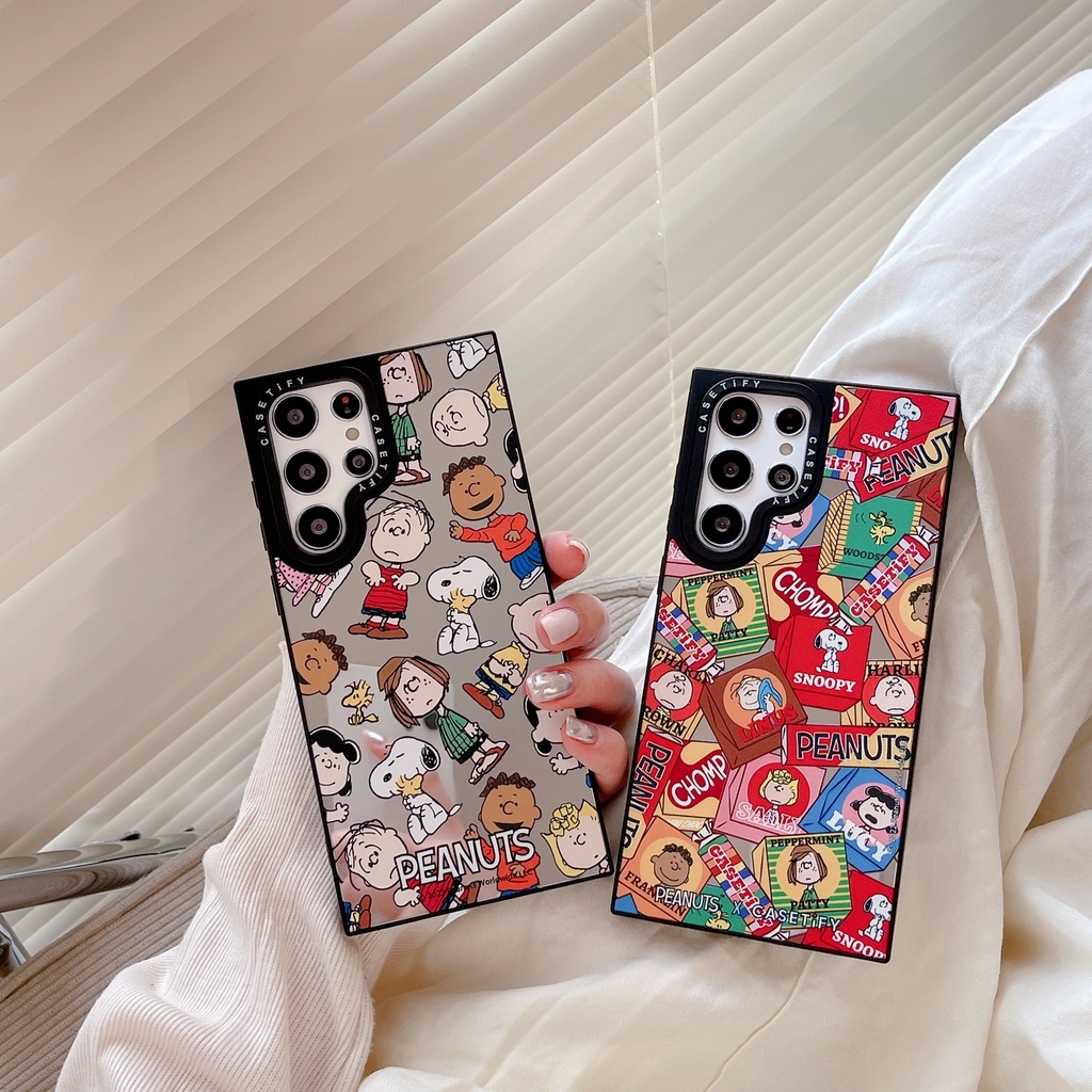 การ์ตูน น่ารัก ชาร์ลี สนูปปี้ การแสดงออก Casetify เคส Samsung Galaxy S23 Ultra S22 Ultra S23 Plus + Case ใหม่ กระจกเงา สี่เหลี่ยม ป้องกันการหล่น ซิลิกาเจล นุ่ม เคส