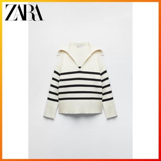 Zara เสื้อกันหนาว คอโปโล แขนยาว ผ้าถัก ลายทาง แฟชั่นฤดูใบไม้ร่วง สําหรับผู้หญิง 5536128 080