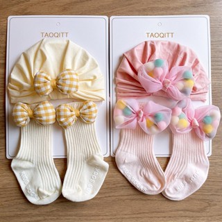 2 ชิ้น/เซ็ตเด็ก Turban หมวกและถุงเท้าน่ารักโบว์ยืดหยุ่นทารกแ…