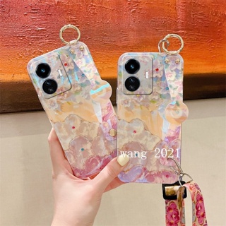 New Phone Case เคส Realme C55 NFC Casing Glitter Luxurious Rhinestone Flowers Pattern with Wristband Long Lanyard Soft Case for Realme C55 เคสโทรศัพท