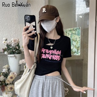 RUO BEI XAUN เสื้อยืดสตรีแฟชั่นเกาหลีพิมพ์ลายเสื้อครอปเอวลอย