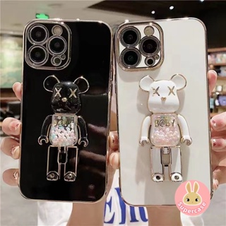 เคสโทรศัพท์มือถือ TPU นิ่ม ขอบตรง หรูหรา พร้อมขาตั้งหมี สําหรับ Xiaomi Mi 11 10 10T Lite Ultra 10S 10 9 8