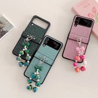 Samsung Galaxy Z Flip 3 เคสหนังฝ้า กลิตเตอร์ บานพับ พร้อมสร้อยข้อมือชุบสี ฝาพับ 4 ฝาครอบป้องกัน กันตก