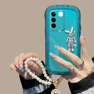 เคสโทรศัพท์มือถือแบบนิ่ม TPU ลายกระต่าย 3D พร้อมสายคล้องข้อมือ ประดับมุก พกพาง่าย หลากสี สําหรับ VIVO V27e X90 Pro X80 Pro 5G เคส Phone Case