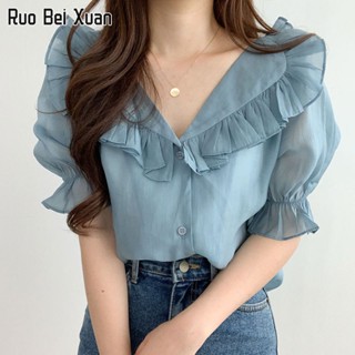 RUO BEI XUAN Womens เสื้อเบลาส์สตรีเกาหลีแฟชั่นใหม่ชีฟองหลวมครอปเชิ้ตท็อป