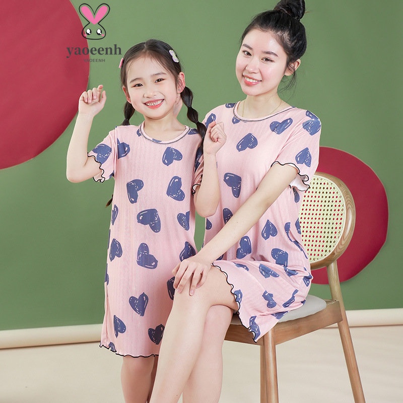 【YAOEENH】พร้อมส่ง ชุดนอน ผ้าเรยอน ลายการ์ตูนน่ารัก ยาว 110-180 ซม. สําหรับแม่ และลูก