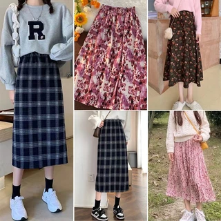 กระโปรงเอวสูงลายดอกไม้ผ้าชีฟอง กระโปรงใส่ทำงาน
