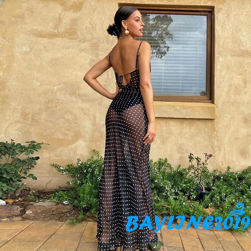 Bay-ผู้หญิงแฟชั่นชุดยาว Dot พิมพ์ตาข่ายดูผ่านแขนกุดคอสลิงชุดฤดูร้อน High Slit Tie-Up Backless Dress