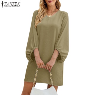 ZANZEA Women Europe Personality V-neck 3/4 Puff Sleeves Soild Color Dress