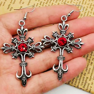 New Vintage Punk Cross Earrings Red Crystal Hook Earrings