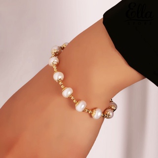 Ellastore123 สร้อยข้อมือ กําไลข้อมือ สเตนเลส ประดับไข่มุกเทียม ปรับความยาวได้ ทนทาน สีตัดกัน สําหรับผู้หญิง