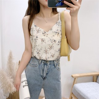 เสื้อสายเดี่ยว คอวี ผ้าชีฟอง ทรงหลวม ลายดอกไม้น่ารัก สองชั้น สําหรับผู้หญิง