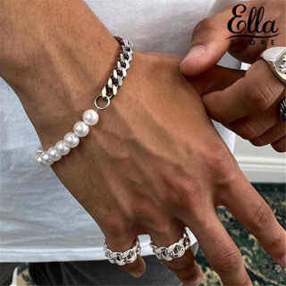 Ellastore123 สร้อยข้อมือ กําไลข้อมือ ประดับมุกเทียม เรียบง่าย สไตล์ฮิปฮอป แฟชั่น สําหรับผู้ชาย