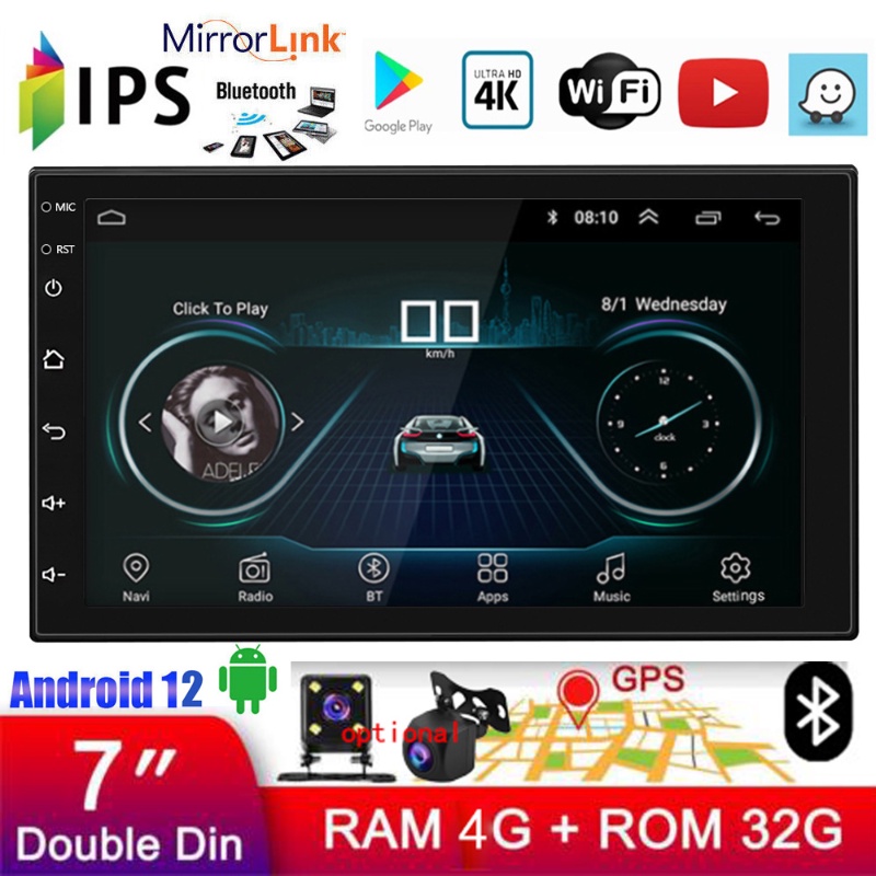 [RAM 4GB+ROM 32GB]7inch IPS Touch Screen Android Car Player Quad Core 2 DIN Radio With Rear Review Camera GPS Navigation BT Multimedia Video Player
