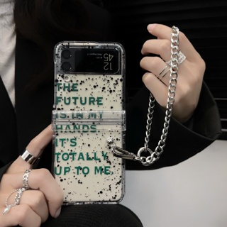 เคสโทรศัพท์มือถือ PC แข็ง แบบใส กันกระแทก พร้อมสายโซ่คล้อง สีเขียว สําหรับ Samsung Galaxy Z Flip 3 5G 3in1 Z Flip 4