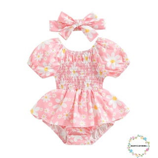 Babyclothes- ชุดจั๊มสูทรอมเปอร์ คอกลม แขนสั้น พิมพ์ลายดอกไม้ พร้อมที่คาดผม สําหรับเด็กทารกผู้หญิง