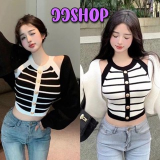 JJ shop 💜พร้อมส่ง  เสื้อกล้ามลายทาง ผ้าไหมพรม  กระดุมตกแต่งสีทองดูแพง"4319" -N