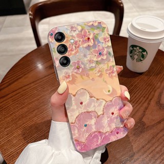 เคสโทรศัพท์มือถือ ซิลิโคนนิ่ม ลายภาพวาดสีน้ํามัน รูปดอกซากุระ แต่งแสงสีฟ้า แวววาว สําหรับ Samsung Galaxy A54 A34 A14 5G A34 5G