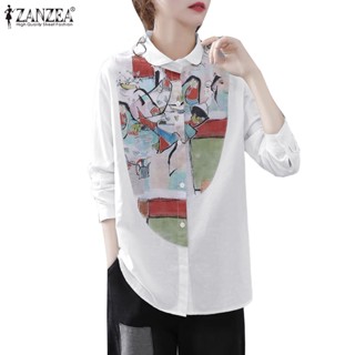 ZANZEA Women Rerto Pattern Printed Patchwork Button Up Casual Lapel Collar Shirt