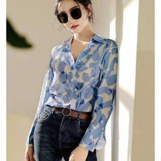 เสื้อเชิ้ตแขนยาว ผ้าชีฟอง ทรงหลวม ระดับไฮเอนด์ สีฟ้า แฟชั่นฤดูใบไม้ผลิ สไตล์ยุโรป สําหรับผู้หญิง