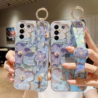 เคสโทรศัพท์มือถือ ซิลิโคนนิ่ม ลายภาพวาดสีน้ํามัน รูปดอกไม้สีม่วง พร้อมสายคล้อง สําหรับ Vivo V27 V27 Pro V27E